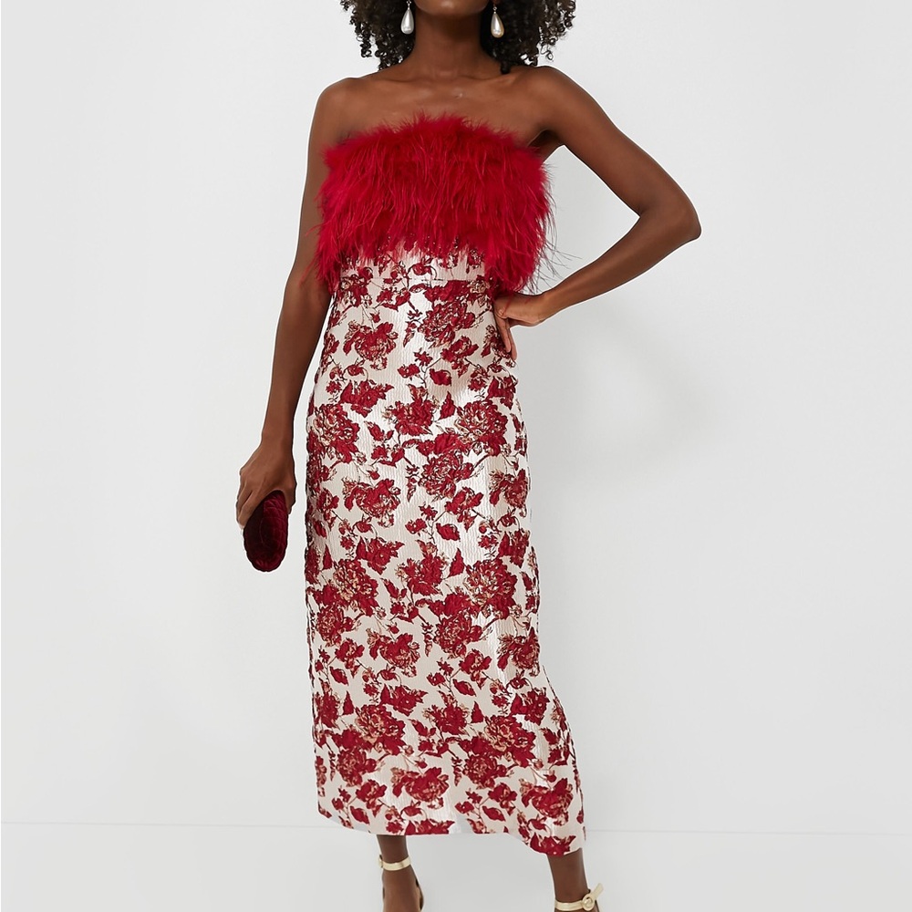 Tuckernuck Strapless Red Jacquard Feathered Reina Maxi Dress